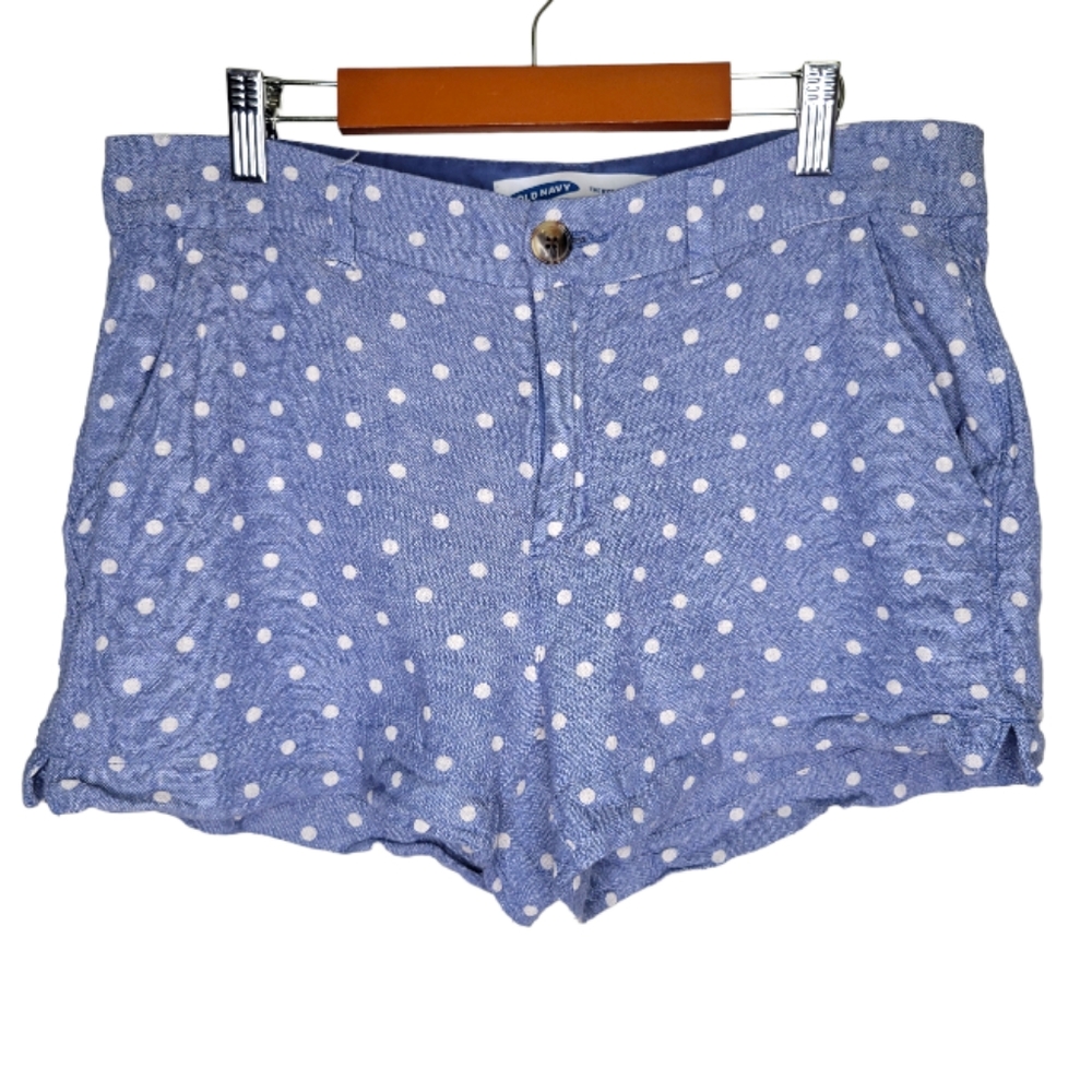 Old Navy Everyday Mid-Rise Linen Blend Shorts Chambray Polka Dot, Size 8